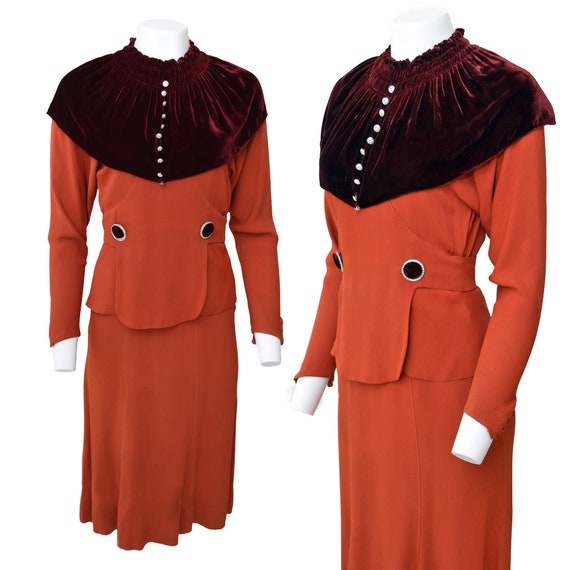 Vintage 1930s Dress Day Velvet Crepe S