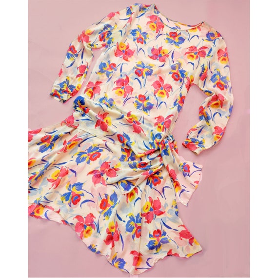 Vintage 1920s Dress Deco Floral Print Silk Chiffon