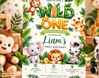 Puede incluir: Una tarjeta de invitación de cumpleaños con animales de la selva: mono, jirafa, elefante, león y cebra. El texto dice: JOIN US FOR A WILD ONE BIRTHDAY PARTY CELEBRATING Liam's FIRST BIRTHDAY, SATURDAY 25TH OCTOBER 2026, 2:00 PM TO 4:00 PM, 123 ANYWHERE ST, SAN DIEGO, CA 92101, RSVP TO MOMMY AT 123-456-7890 BY 10TH OCTOBER.