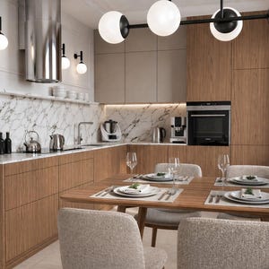 May include: A kitchen featuring wood-grain cabinets, a white marble backsplash, and a stainless steel range hood. A wooden dining table is set with four place settings, including white plates, silverware, and wine glasses, surrounded by light gray chairs.