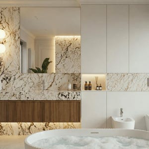 May include: A bathroom interior featuring a floating vanity with wood cabinets and a white marble countertop with dark veining. A large mirror, two spherical wall lights, a white bathtub with foam, a bidet, and a toilet are present.