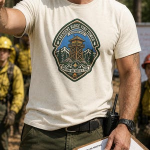 May include: A cream-colored short-sleeve t-shirt with a graphic print featuring a fire tower, mountains, and trees. The text reads Crescent Ridge Fire Tower, Wilderness Watch, and Spotting One Fire At A Time, with a compass and campfire icon.