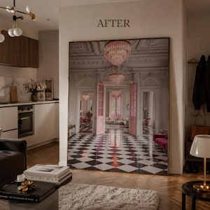 May include: A large rectangular wall art piece featuring a black and white checkered floor leading into a room with pink doors and hanging chandeliers. The word AFTER is printed in dark gray above the artwork, which is displayed in a room.