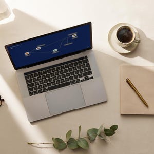May include: A silver laptop displaying a dark blue screen with a white flowchart diagram, a beige notebook with a gold pen, a pair of tortoiseshell glasses, a cup of coffee on a saucer, and a small green eucalyptus sprig arranged on a flat surface.
