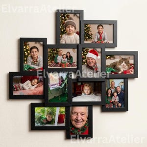 May include: A black multi-opening wall collage photo frame featuring ten rectangular frames arranged in a staggered layout. The frame displays various family photographs, including portraits of children, adults, and a cat, with the text ElvarraAtelier.