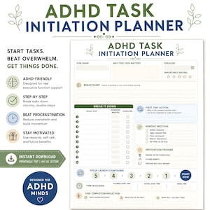 Puede incluir: Un documento imprimible ADHD Task Initiation Planner que incluye secciones para nombre de tarea, fecha límite, importancia, brain dump, micro pasos, primera acción, eliminar fricción, disparador de motivación y reflexión final.