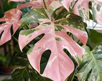 モンステラ・デリシオサの挿し木、ピンクと緑の斑入り葉（根付き室内植物）