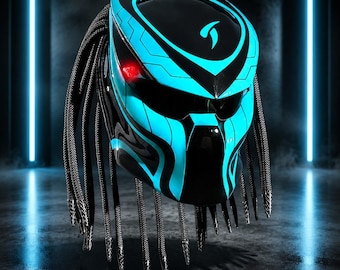 Arctic Blue Predator Apex Motorcycle Helmet Custom Hand-Painted DOT & ECE Certified, LED Light Color