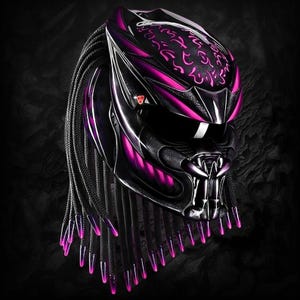 May include: A black motorcycle helmet featuring a stylised alien-inspired design with vibrant pink accents. The helmet includes long, black braided hair-like strands with pink tips, a dark visor, and intricate pink markings across the top surface.