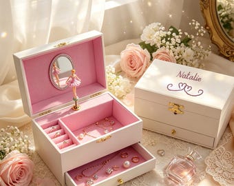 Personalisierte Schmuckschatulle mit Strasssteinen, Ballerina-Motiv und Musik, individuelle Schmuckschatulle für Mädchen mit Schminkspiegel, Aufbewahrungsbox, ideales Geburtstagsgeschenk für Kinder