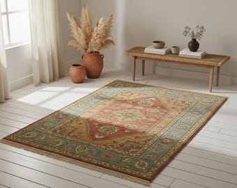 Vintage Turkish Oushak Rug 8x10 | Non Slip Low Pile Area Rug, Distressed Persian Style Carpet, Washable Pet Friendly Living Room Rug