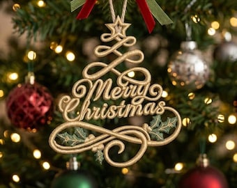 FSLクリスマスツリーオーナメント刺繍デザイン、メリークリスマスレースオーナメント、フリースタンディングレースミシン刺繍ファイル、即時ダウンロード