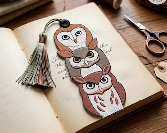 Diseño de bordado de marcapáginas de búho, archivo de bordado a máquina de búhos apilados, marcapáginas de animales del bosque, diseño de bordado de búho adorable, descarga digital