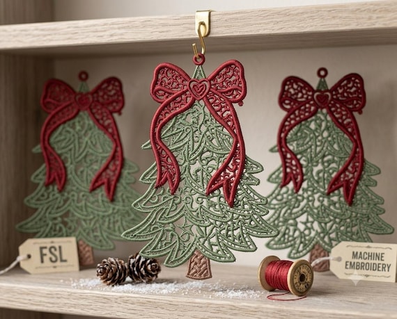 FSL Christmas Tree Ornament Embroidery Design, Free Standing Lace Tree with Bow, Holiday Decor, Machine Embroidery Pattern Download