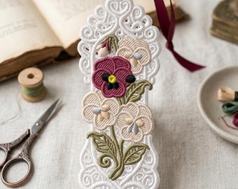 花柄FSLレースブックマーク刺繍デザイン、自立型レースフラワーブックマーク、ポピーとハナミズキのミシン刺繍ファイル、3.8インチ