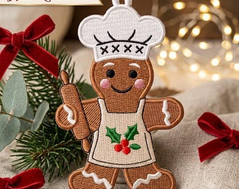 FSL ジンジャーブレッドシェフオーナメント刺繍デザイン、自立型レースクリスマス、ミシン刺繍ファイル、ホリデーキッチンデコレーション、