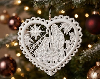 Herz-Krippen-Stickdatei (FSL), Weihnachtsspitzenornament, Heilige Familie, freistehende Spitze