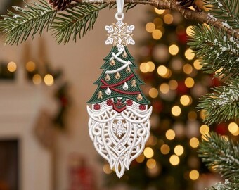 Diseño de bordado a máquina de adorno colgante de gnomo navideño FSL - Decoración festiva para el árbol de Navidad - Tamaños 2.8, 3.8 - Descarga digital instantánea