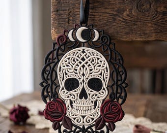 FSL ゴシック スカル ブックマーク オーナメント ミシン刺繍デザイン、シュガースカル ハロウィン レース ファイル、死者の日のレース パターン PES