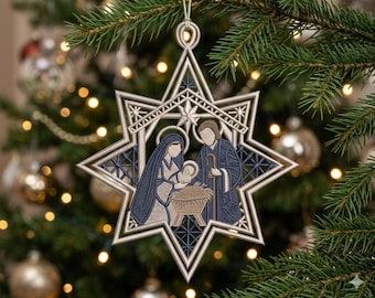 FSL キリスト降誕星刺繍デザイン、自立型レースクリスマスオーナメント、聖家族ミシン刺繍パターン、お祝いDIYギフト