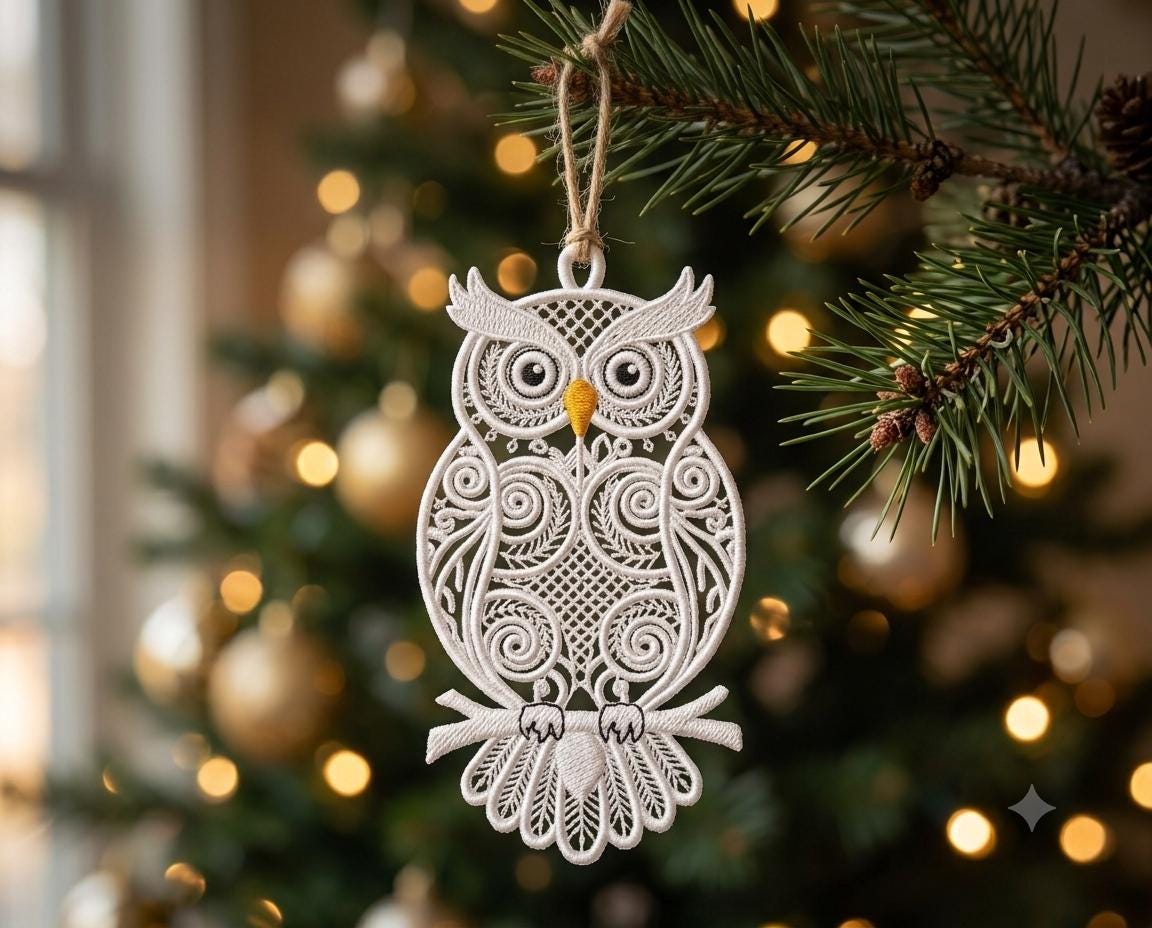 Owl Hanging FSL Ornament Embroidery Design, Free Standing Lace Owl Decor, ITH Machine Embroidery Fil