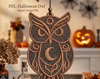 FSL Owl Ornament Embroidery Design, Freestanding Lace Owl Ornament, Woodland Bird Machine Embroidery File, Instant Digital Download