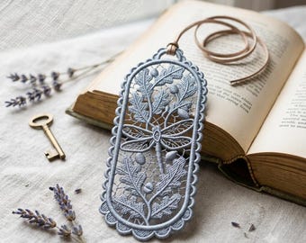 オークの葉のレースブックマーク刺繍デザイン、どんぐりの花のブックマークミシン刺繍パターン、自立型レースFSLブックマーク、即時ダウンロード