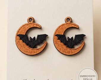 コウモリの月をモチーフにした自立型レース刺繍デザイン、ハロウィンFSLオーナメント、FSLイヤリング、ミシン刺繍デジタルダウンロード