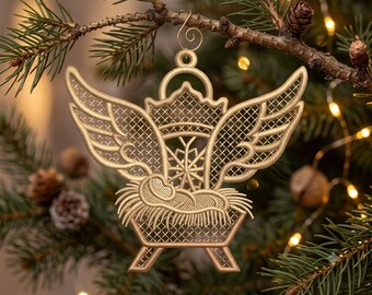 天使の降誕FSLオーナメント刺繍デザイン、自立型レースクリスマスエンジェル、聖なる飼い葉桶の装飾、ミシン刺繍ファイル