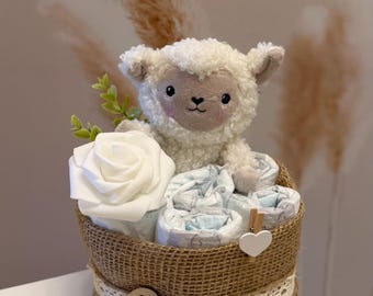 Windeltorte Boho neutral | Baby Geschenk Junge Mädchen | Pampers Premium Protection Gr.2 | H&M Rassel Hase Schaf | Geburt Babyparty Taufe