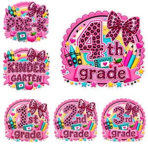 Könnte beinhalten: Eine Sammlung von sechs kreisförmigen Grafikdesigns für Schulklassen von der Vorschule bis zur 4. Klasse. Jedes Design enthält eine Schleife mit Leopardenmuster, bunte Buntstifte, ein kleines Notizbuch, einen roten Apfel und einen Regenbogen.