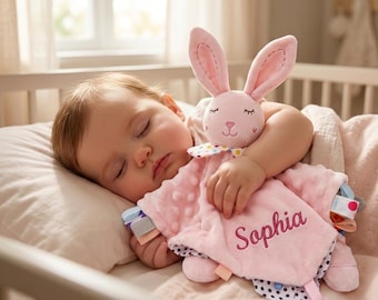 Couverture doudou personnalisée pour bébé, couverture de sécurité brodée avec le prénom, cadeau de naissance, douce couverture réconfortante en forme de lapin pour nouveau-né