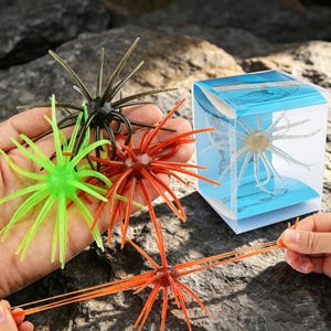 May include: A collection of flexible, multi-legged silicone fishing lures in black, bright green, red, and translucent white. The lures feature a central spherical body with numerous radiating tentacles. One red lure is being stretched horizontally.