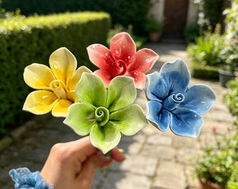 Handmade Ceramic Flower Stem: Colorful Hand Sculpted Porcelain Flower Bouquet Home Table Decor Unique Gift for Mother Birthday Wedding
