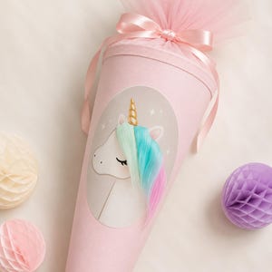 Pastel Magic Rainbow – Eenhoorn schoolkegelstickers met echte manen | Zelfklevende schoolkegeldecoratie voor de start van het schooljaar