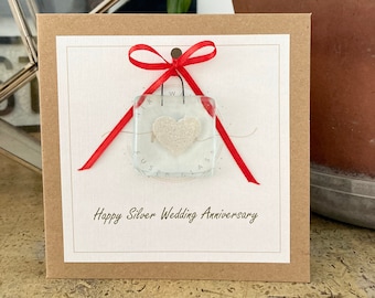 Silver Anniversary Card: Handmade Fused Glass Heart Suncatcher
