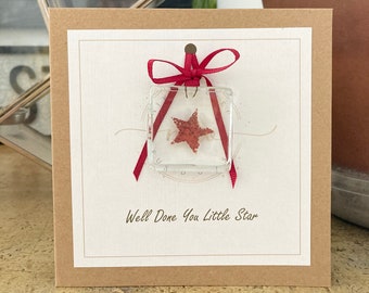 Well Done You Little Star. Card with fused glass forever keepsake . Sparkling star encapsulated within glass. Handmade in the UK