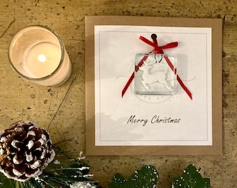 Merry Christmas. Handmade card with silver/white reindeer. Fused glass forever keepsake. Special Christmas Card