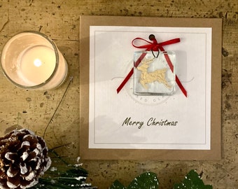 Merry Christmas. Handmade card with gold reindeer. Fused glass forever keepsake. Special Christmas Card
