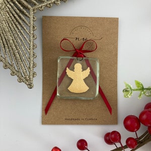 Fused glass pocket charm, token, gift, pocket hug, Angel, festive keepsake, sun catcher, Christmas tree decoration.