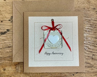 Special Anniversary card with detachable fused glass sun catcher/pocket hug/keepsake. White heart. Personalised. Card and gift in one!