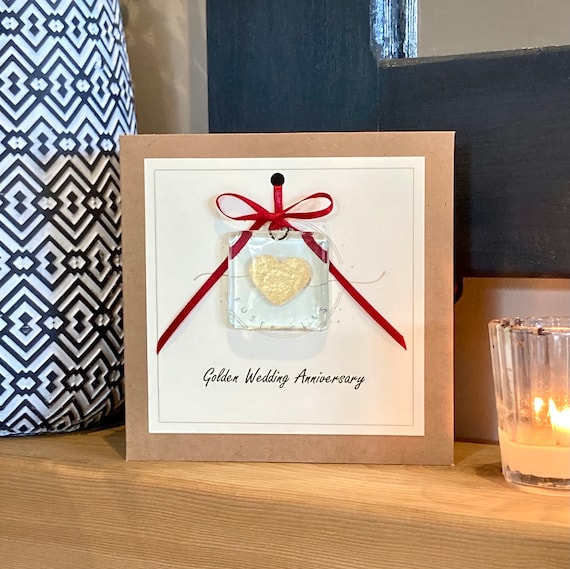 Golden Anniversary Card: Fused Glass Suncatcher Keepsake, Personalized
