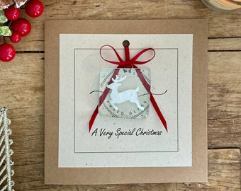 Handmade Fused Glass Reindeer Christmas Card, Kraft Keepsake