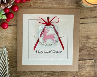 Handmade Fused Glass Reindeer Christmas Card: Keepsake Ornament
