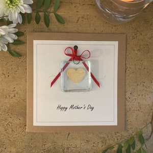 Happy Mother's Day card with detachable fused glass sun catcher/pocket hug. 4  colours available. Personalised options. Gift for her