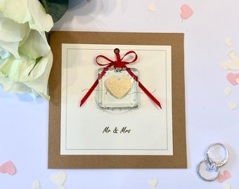Mr & Mrs, Wedding Card with fused glass forever keepsake. Sparkling heart encapsulated within glass. Handmade in the UK