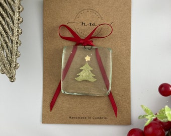Fused glass pocket charm, token, gift, pocket hug, Christmas tree, keepsake, sun catcher, Christmas tree decoration.
