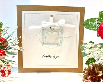 Thinking of you. Handmade card with white heart fused glass keepsake. Special card. Memory. Memorial. Loss