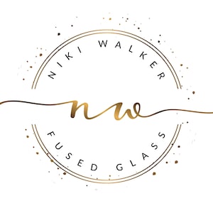 May include: Gold logo with the text "Niki Walker Fused Glass" in a circle with a gold swirl design and the letters "nw" in cursive.