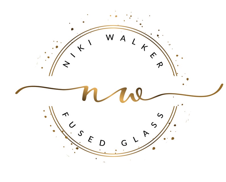 May include: Gold logo with the text "Niki Walker Fused Glass" in a circle with a gold swirl design and the letters "nw" in cursive.